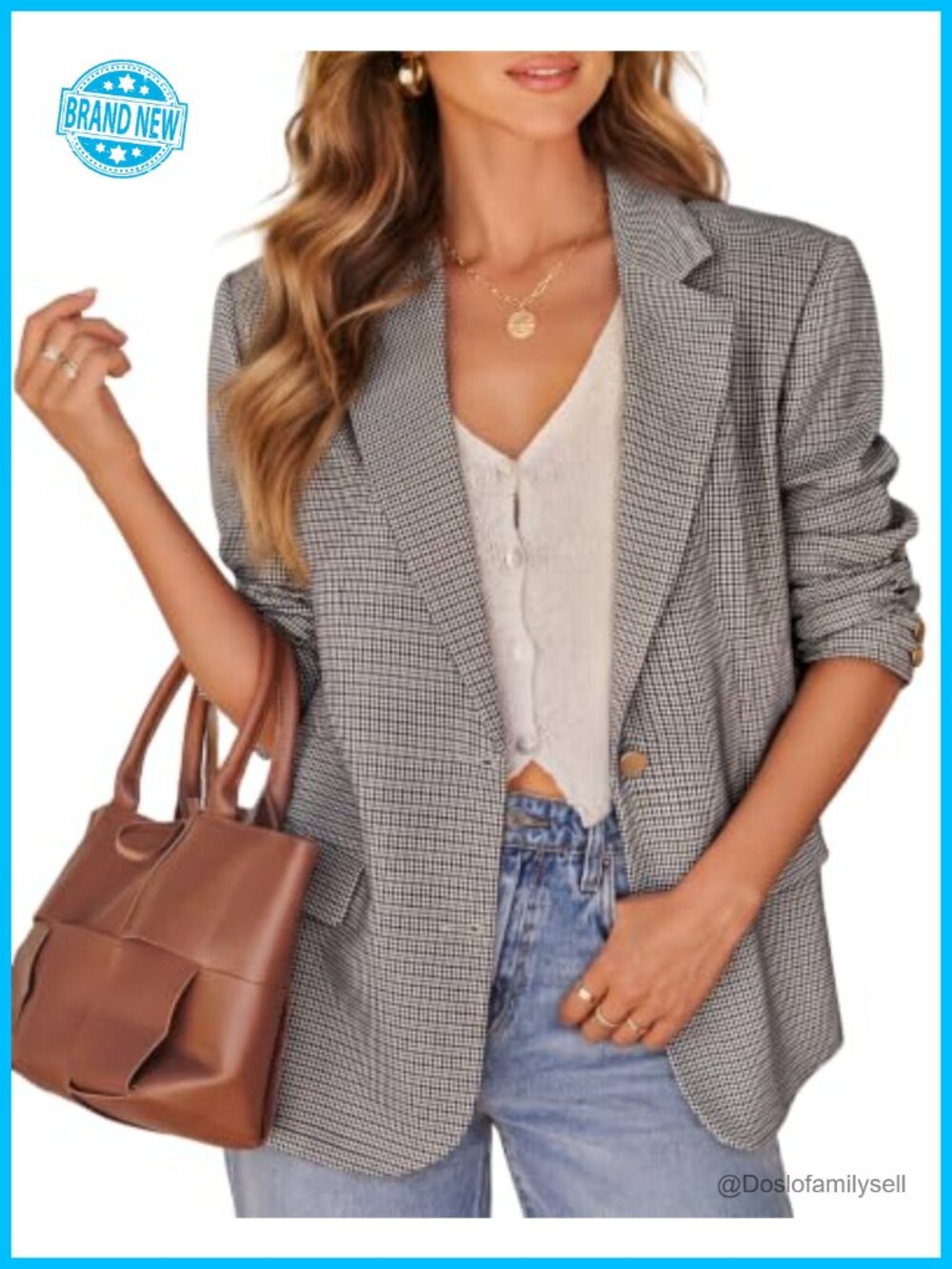 Long Sleeve Business Casual Plaid Blazer Button Notch Lapel